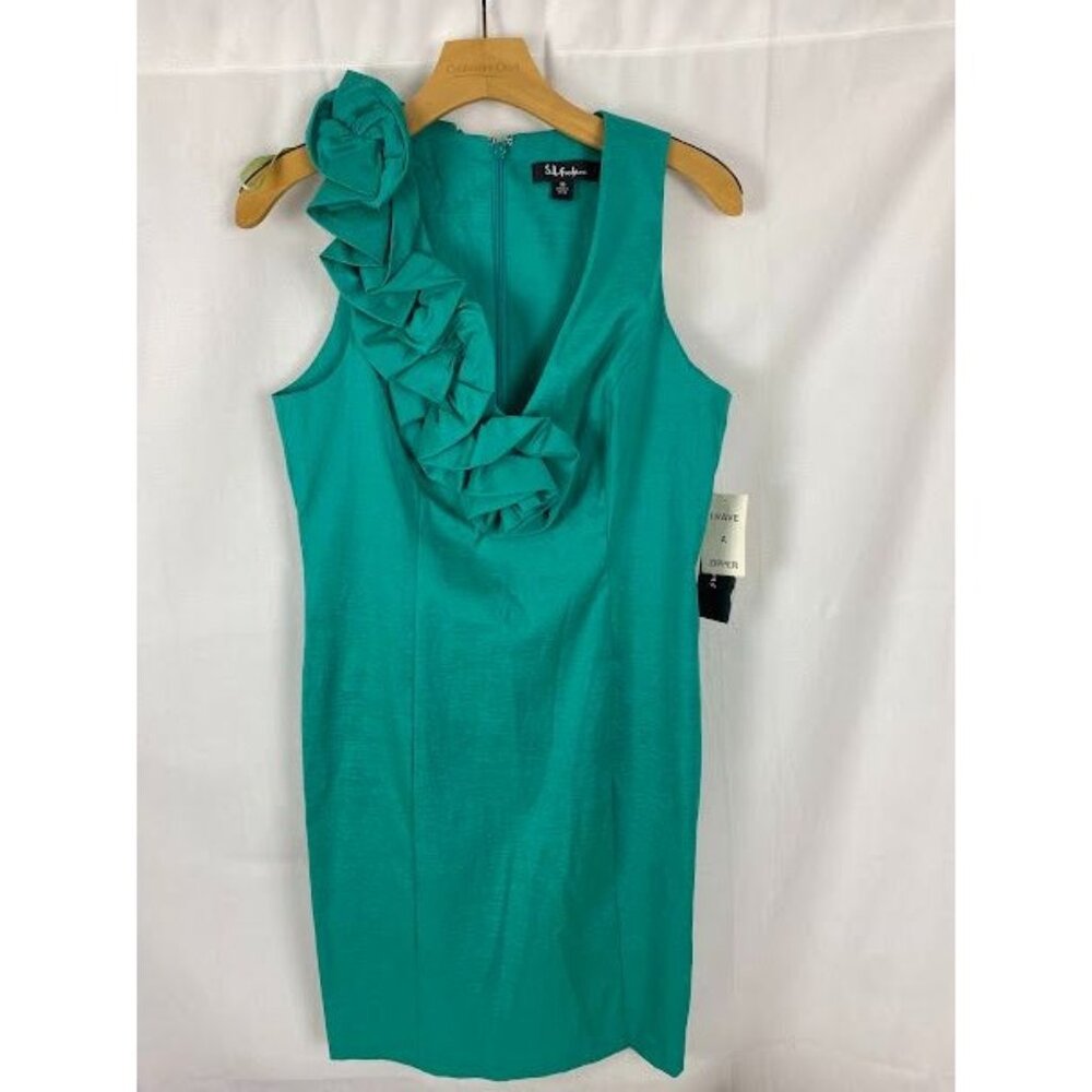 S.L. Fashion Jade Taffetta Formal Cocktail Shift Dress Flower Accent New Sz.10‎